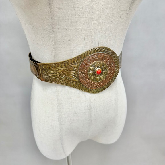 Vintage Brass & Copper Etched Metal Belt  Red Cabochon Centerpiece Made in India